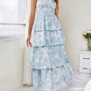 Blue Ruffled Tiered Maxi Sundress for Weddings